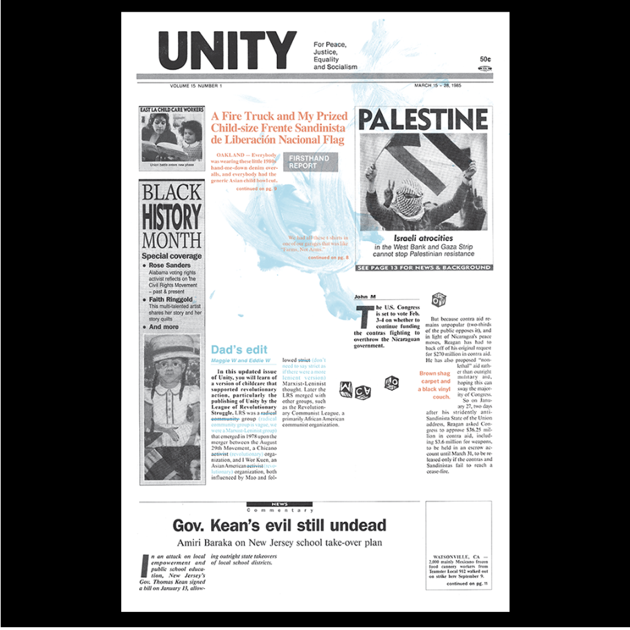 Front page of the UNITY newspaper featuring articles on Black History Month, the Sandinista flag, Palestine, and New Jersey politics. There are text headlines, a photo of a woman, and a large image with the word PALESTINE.